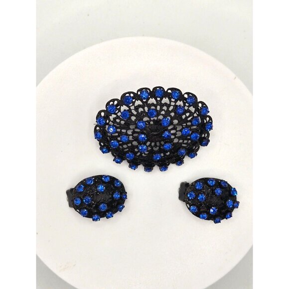 Antique Deco Czech Black and Blue Brooch and Matching Clip Earrings Japanned - Picture 3 of 6